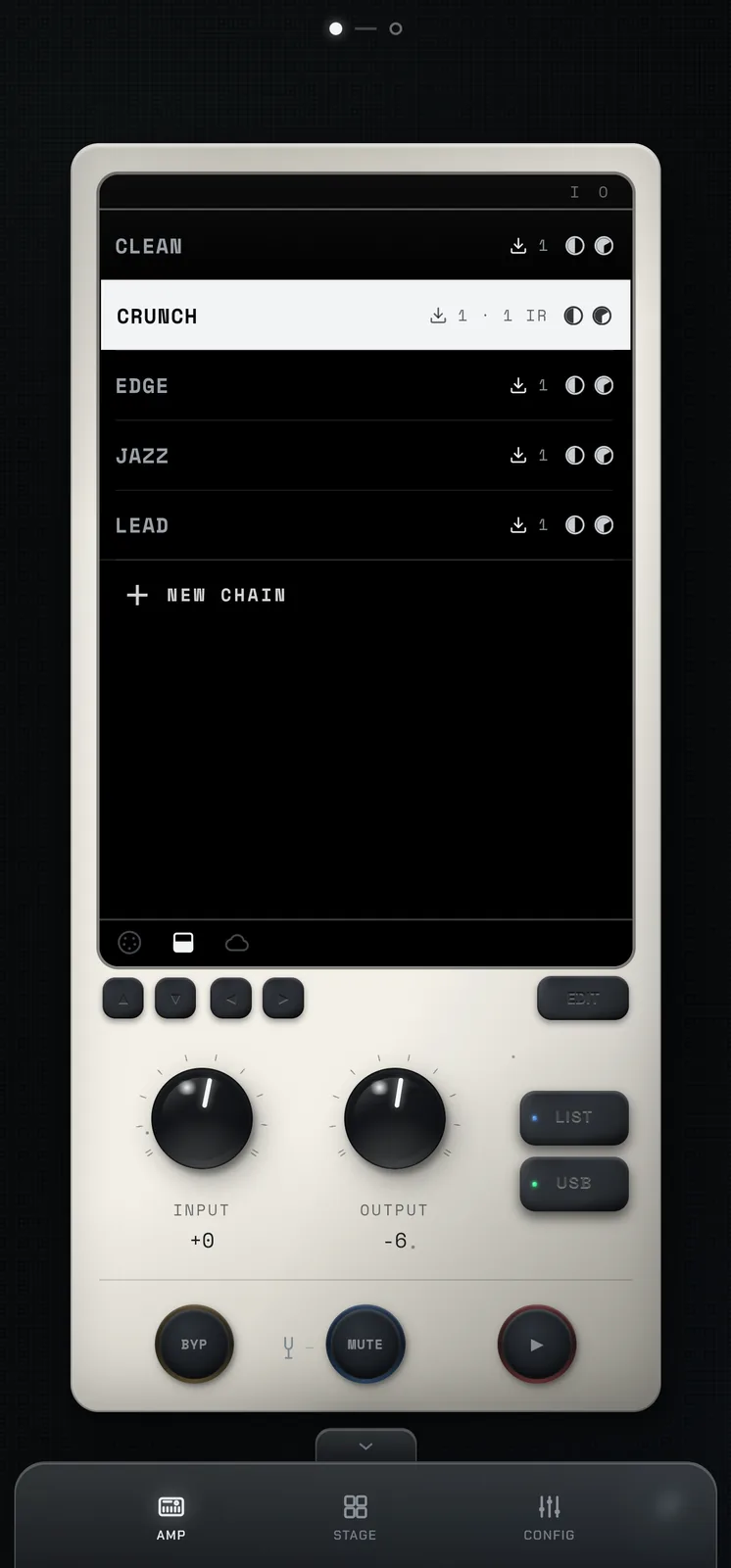 namamp's amp screen on an Android phone: a list of saved chains (Clean, Crunch, Edge, Jazz, Lead) with Crunch selected, input and output knobs, and bypass, mute and play buttons.
