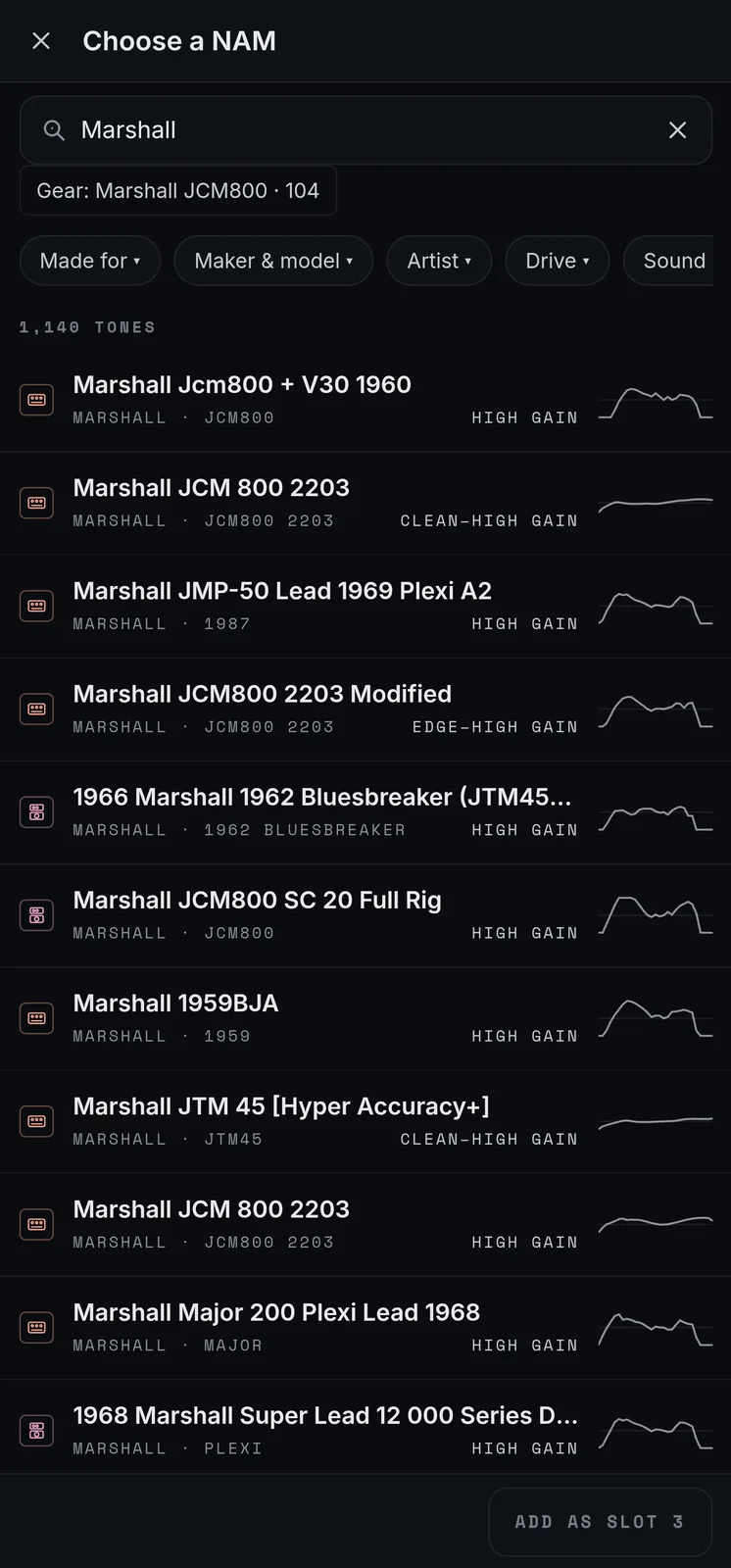 namamp's tone finder on an Android phone: a search for Marshall listing NAM captures with their maker, model, gain level and a small tone curve.